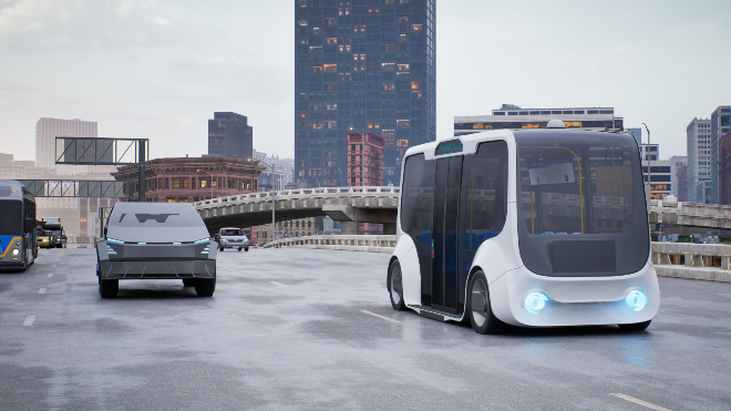Self driving futuristic bus and an autonomous car driving along a highway in a large city.