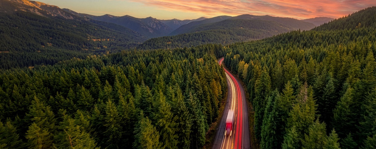 Red freight truck travelling along a highway.